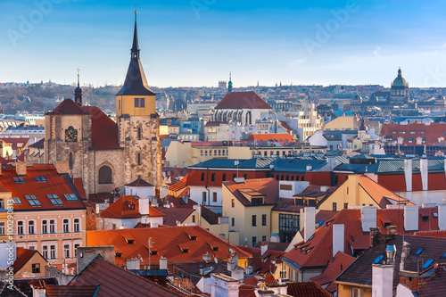 Aerial view over Old Town in Prague with domes of churches, Czech Republic 