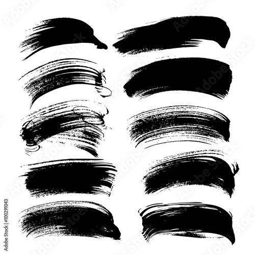 Abstract black long gouache smears set 1 isolated on a white bac