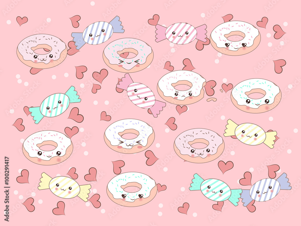 Fototapeta premium Funny vector patterm with cute cartoon donut and candy characters .