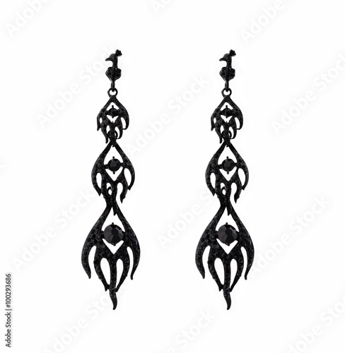 Black earrings with black crystals on a white background