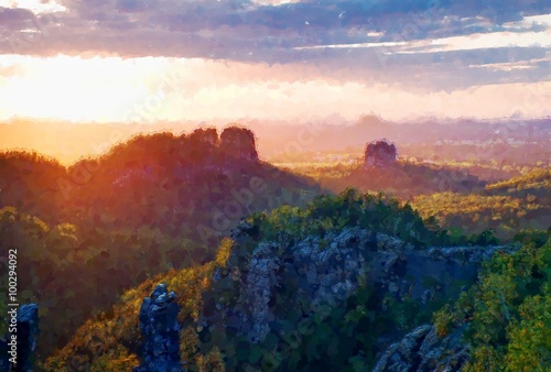 Watercolor paint. Paint effect. Popular climbers resort in Saxony national park, Germany. Sharp sandstone cliffs above valley.