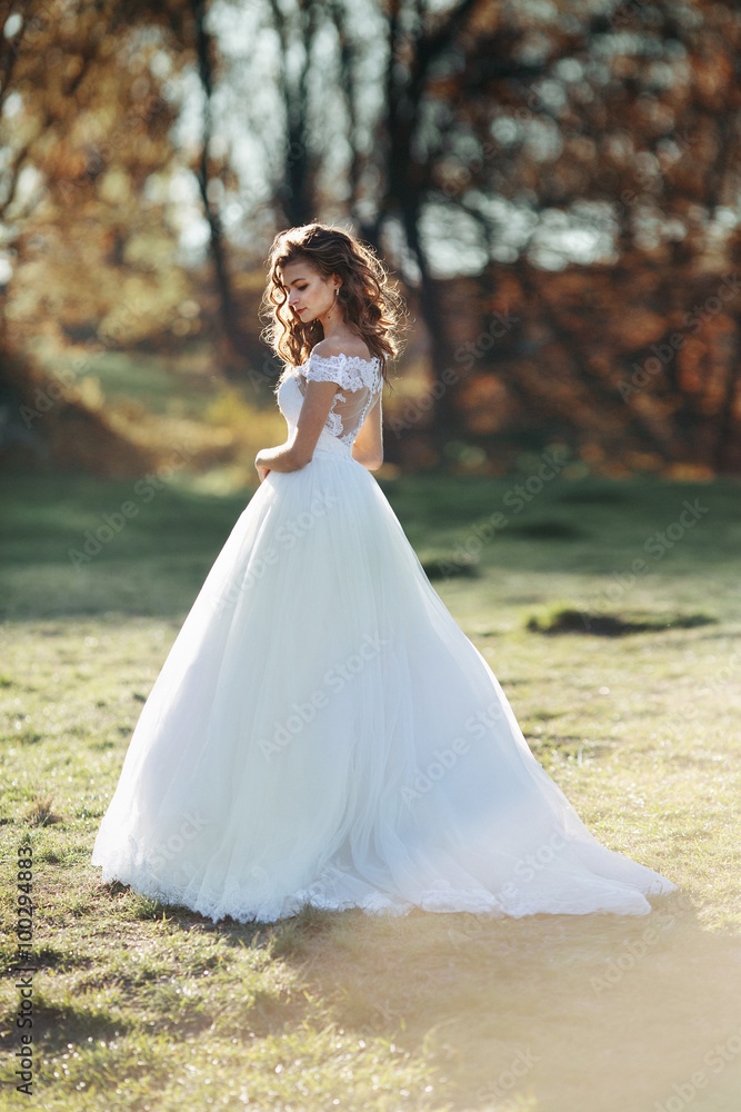 Sunlit gorgeous brunette bride in white dress posing in sunset f Sunlit gorgeous brunette bride in white dress posing in sunset f