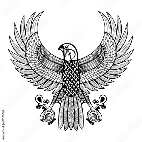 Hand drawn artistically Egypt Horus Falcon, patterned Ra-bird in