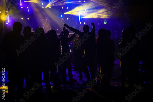 Silhouette of people dancing and talking in a music festival