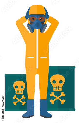 Man in protective chemical suit.