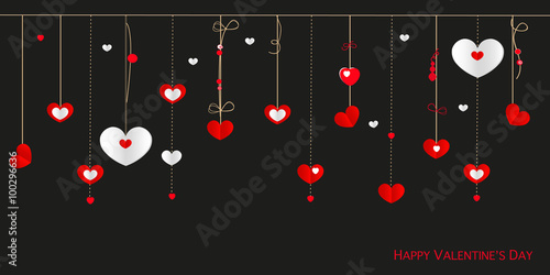 Happy Valentine's Day greeting card with border design hanging hearts vector background