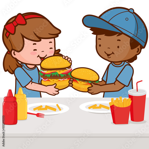Children at a table eating hamburgers. Vector illustration