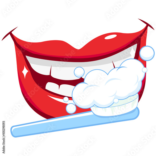 Smiling mouth, brushing teeth with a toothbrush. Vector illustration
