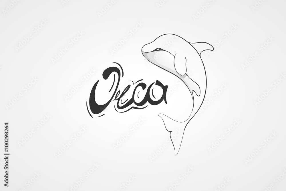 Obraz premium Whale Orca. Concept vector hand drawn illustration, logo. Design of simple icon with text. Sketch art. Flat design. Lettering.