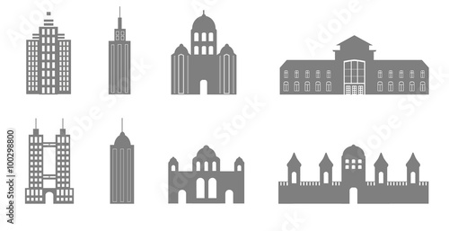 Eight buildings black and white