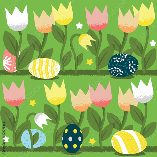 Fototapeta Naklejka Na Ścianę i Meble -  Easter eggs with flowers on the ground. Vector illustration