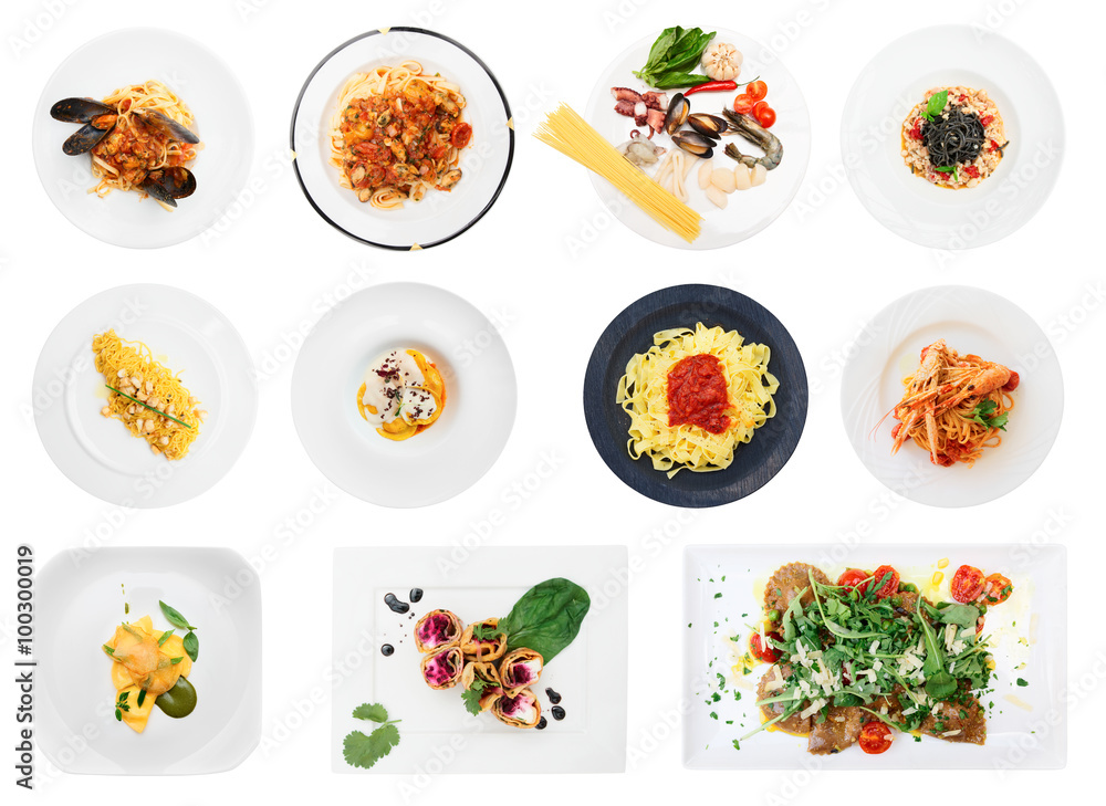 Set of pasta and ravioli dishes isolated on white Set of pasta and ravioli dishes isolated on white