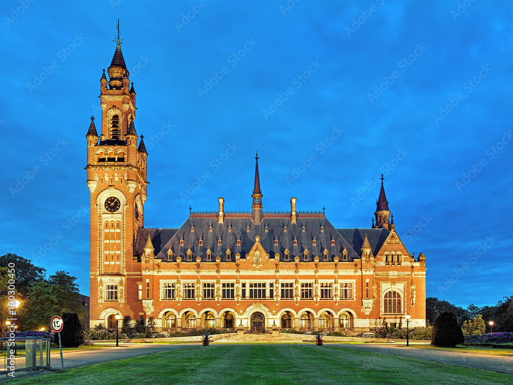 The Peace Palace at evening in The Hague, Netherlands. It houses the International Court of Justice of UN, the Permanent Court of Arbitration and the Hague Academy of International Law.