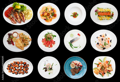 Set of farious fish and seafood dishes, isolated