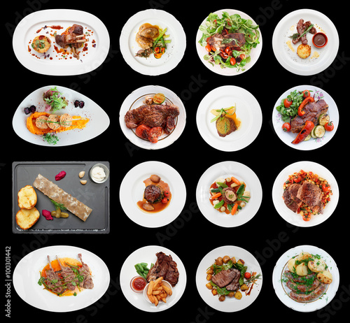 Set of main meat dishes isolated on black
