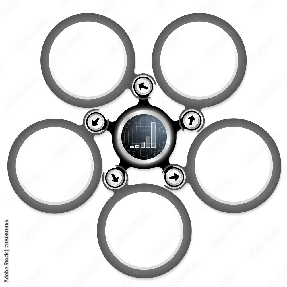 Five colored circular text boxes and graph Five colored circular text boxes and graph
