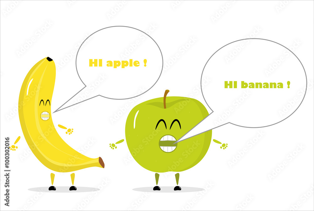 Cartoon Apple And Banana Fruits Isolated On White A Meeting Stock