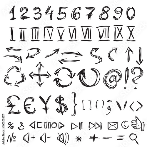 Handwritten icons and numerals from rough pencil strokes. Isolat