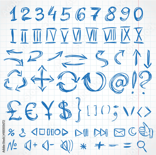 Handwritten icons and numerals from rough pencil strokes. On of