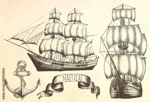 Vintage ship. Items on the marine theme.