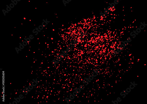Vector splatter of blood in red color on black background. Bloody explosion on black background. Grainy blood texture blow. Red watercolor spray, drop on black background. Vector illustration. EPS 10.