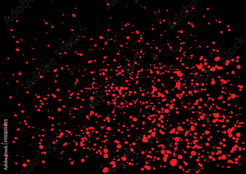 Vector splatter of blood in red color on black background. Bloody explosion on black background. Grainy blood texture blow. Red watercolor spray, drop on black background. Vector illustration. EPS 10.