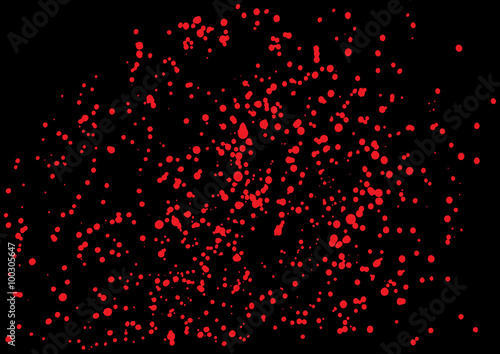 Vector splatter of blood in red color on black background. Bloody explosion on black background. Grainy blood texture blow. Red watercolor spray, drop on black background. Vector illustration. EPS 10.