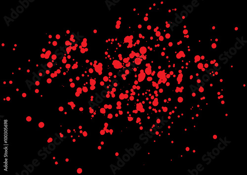 Vector splatter of blood in red color on black background. Bloody explosion on black background. Grainy blood texture blow. Red watercolor spray, drop on black background. Vector illustration. EPS 10.