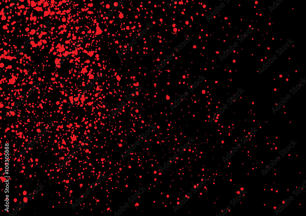 Blood splatter in red ink color on black background. Bloody explosion on black background. Grainy blood texture ink blow. Red watercolor spray, drop on black background. Vector illustration. EPS 10. Blood splatter in red ink color on black background. Bloody explosion on black background. Grainy blood texture ink blow. Red watercolor spray, drop on black background. Vector illustration. EPS 10.