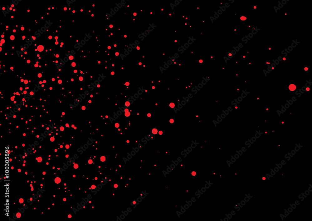 Blood splatter in red ink color on black background. Bloody explosion on black background. Grainy blood texture ink blow. Red watercolor spray, drop on black background. Vector illustration. EPS 10. Blood splatter in red ink color on black background. Bloody explosion on black background. Grainy blood texture ink blow. Red watercolor spray, drop on black background. Vector illustration. EPS 10.