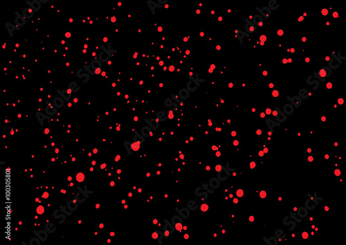 Blood splatter in red ink color on black background. Bloody explosion on black background. Grainy blood texture ink blow. Red watercolor spray, drop on black background. Vector illustration. EPS 10.