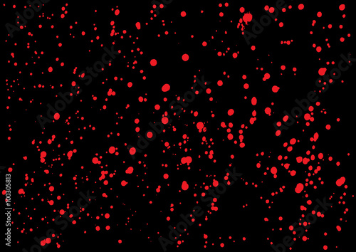 Vector splatter of blood in red color on black background. Bloody explosion on black background. Grainy grungy blood texture blow. Red paint spill on black background. Vector illustration. EPS 10.