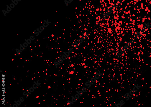 Blood splatter in red ink color on black background. Bloody explosion on black background. Grainy blood texture ink blow. Red watercolor spray, drop on black background. Vector illustration. EPS 10.