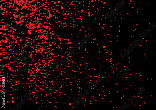 Blood splatter in red ink color on black background. Bloody explosion on black background. Grainy blood texture ink blow. Red watercolor spray, drop on black background. Vector illustration. EPS 10.