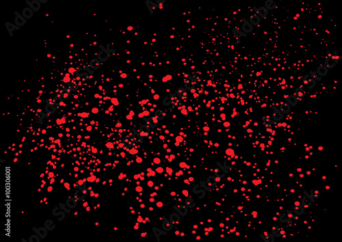 Blood splatter in red ink color on black background. Bloody explosion on black background. Grainy blood texture ink blow. Red watercolor spray, drop on black background. Vector illustration. EPS 10.