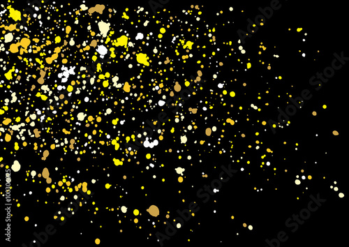 Gold glitter explosion on black background. Golden festive blow texture of confetti. Golden grunge grainy spray abstract texture on black background. Holiday background. Vector illustration.
