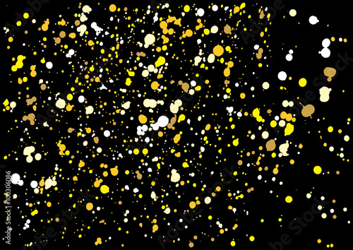 Gold glitter explosion on black background made of spray paint. Golden festive blow texture of confetti. Golden grunge grainy spray abstract texture of snow flakes. Holiday background. Vector.