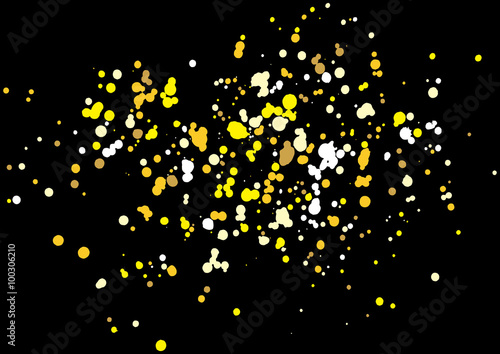 Gold glitter explosion on black background made of spray paint. Golden festive blow texture of confetti. Golden grunge grainy spray abstract texture of snow flakes. Holiday background. Vector.