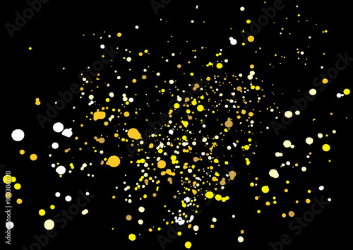 Imitation of gold glitter explosion on black background made of spray paint. Golden festive blow texture of confetti. Golden grunge grainy spray abstract texture of snowflakes. Holiday background.