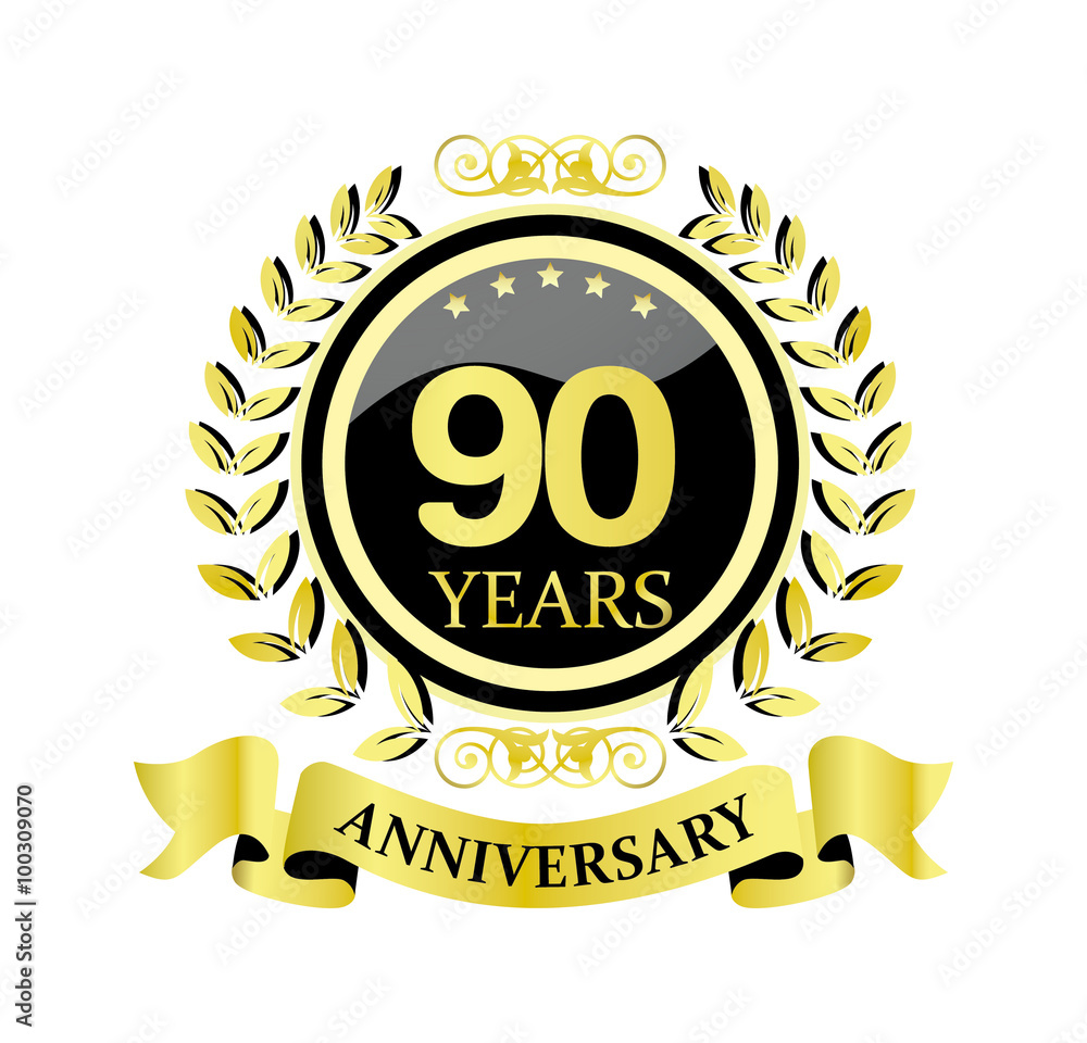 90 anniversary with glossy golden wreath and ribbon 90 anniversary with glossy golden wreath and ribbon