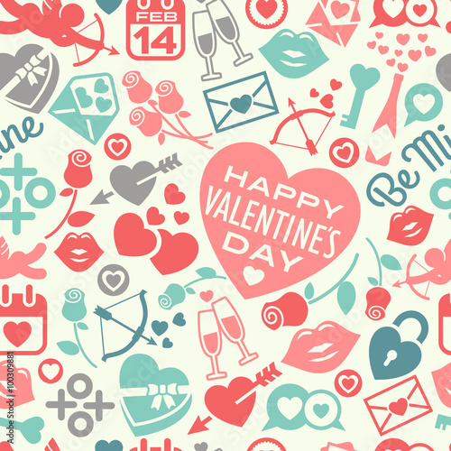 Valentines Day seamless pattern of icons and hearts