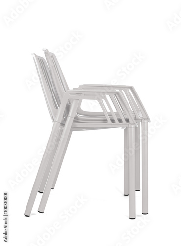 Stacked White Metal Chairs on White Background  Side View