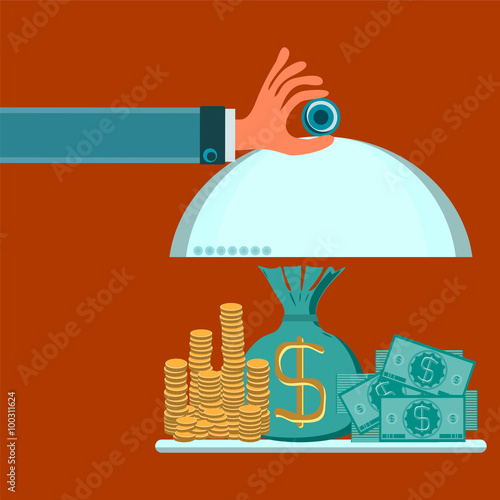 Hands holding a serving dish with gold coins, dollar bills and a