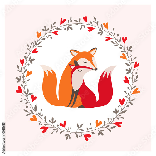 Romantic card with loving couple of foxes.