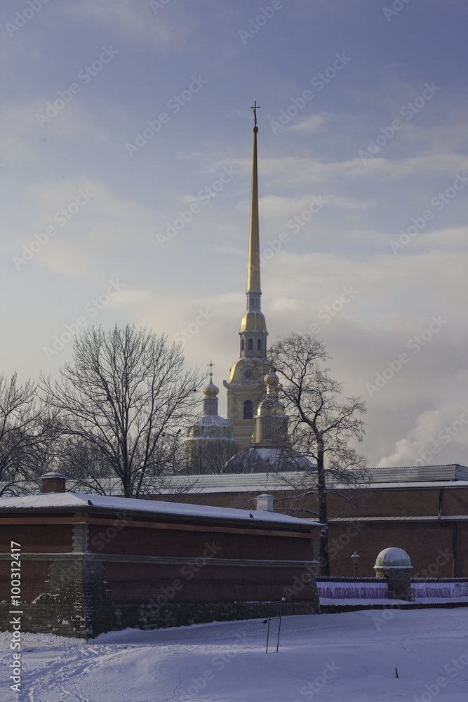 Peter and Paul Cathedral in St. Petersburg, Russia, winter snowfall