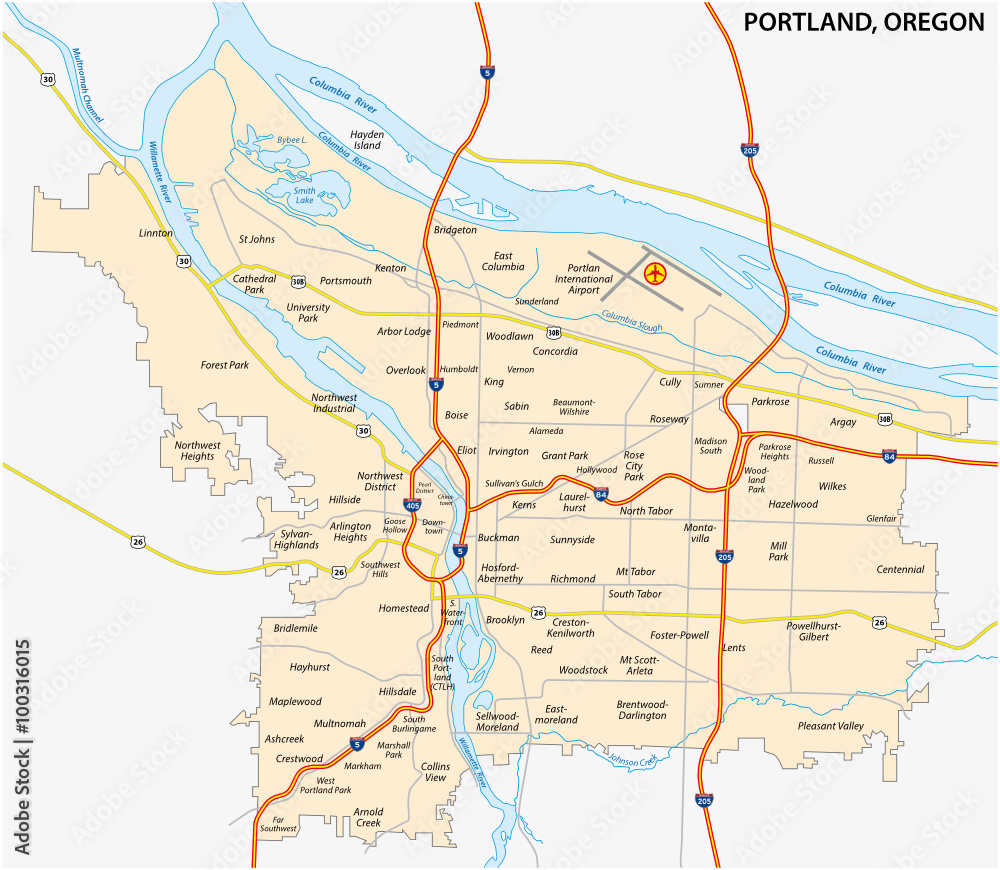 portland, Oregon road and neighborhood map