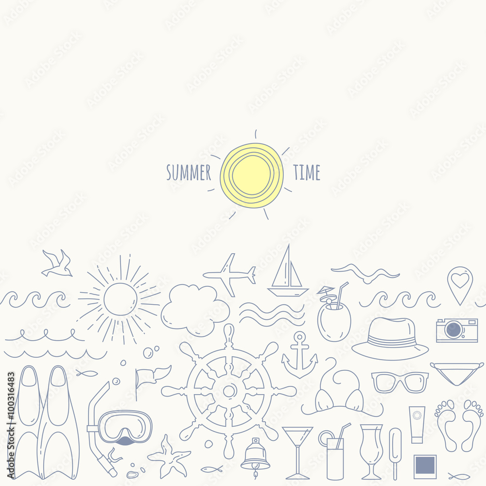 Set of holidays, sea and beach objects. Hand drawn vector illustration. Set of holidays, sea and beach objects. Hand drawn vector illustration.