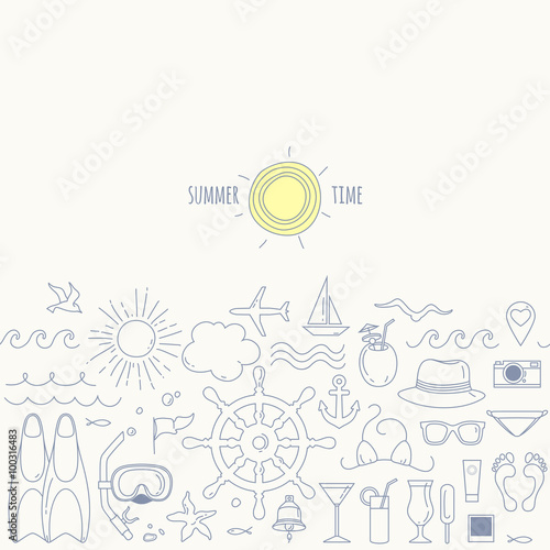 Set of holidays  sea and beach objects. Hand drawn vector illustration.
