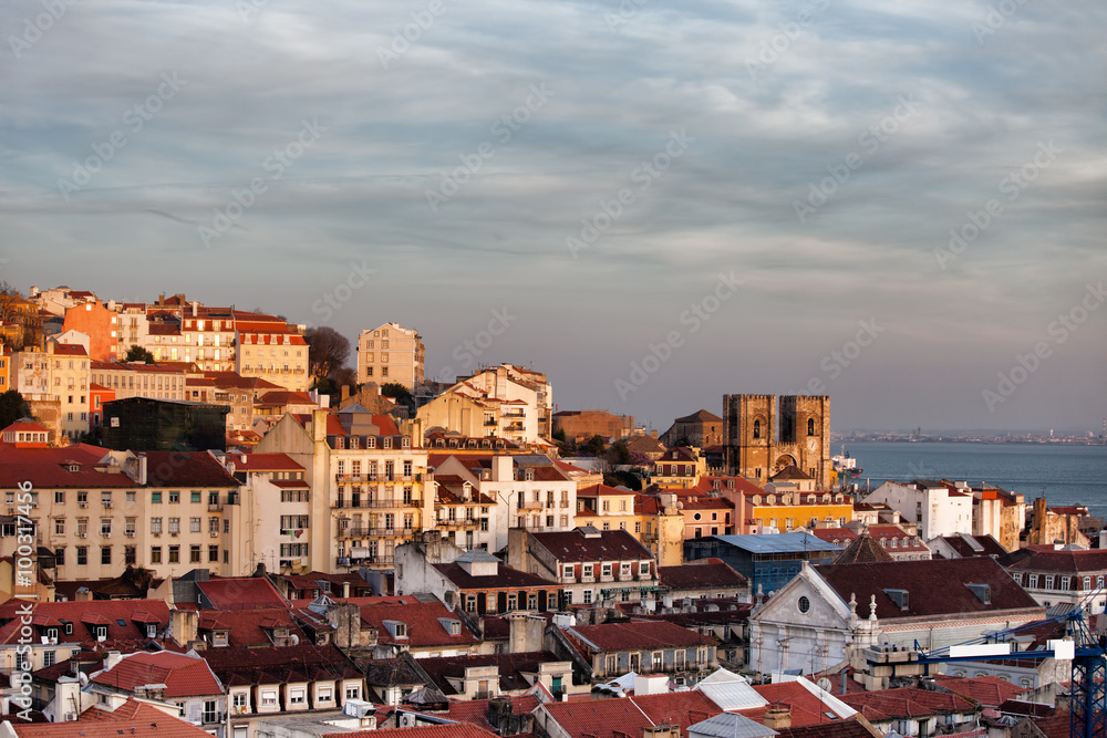 City of Lisbon Skyline at Sunset in Portugal