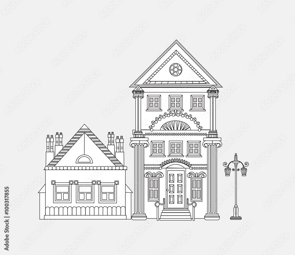 Doodle of beautiful very detailed and ornate town house. Element for city background